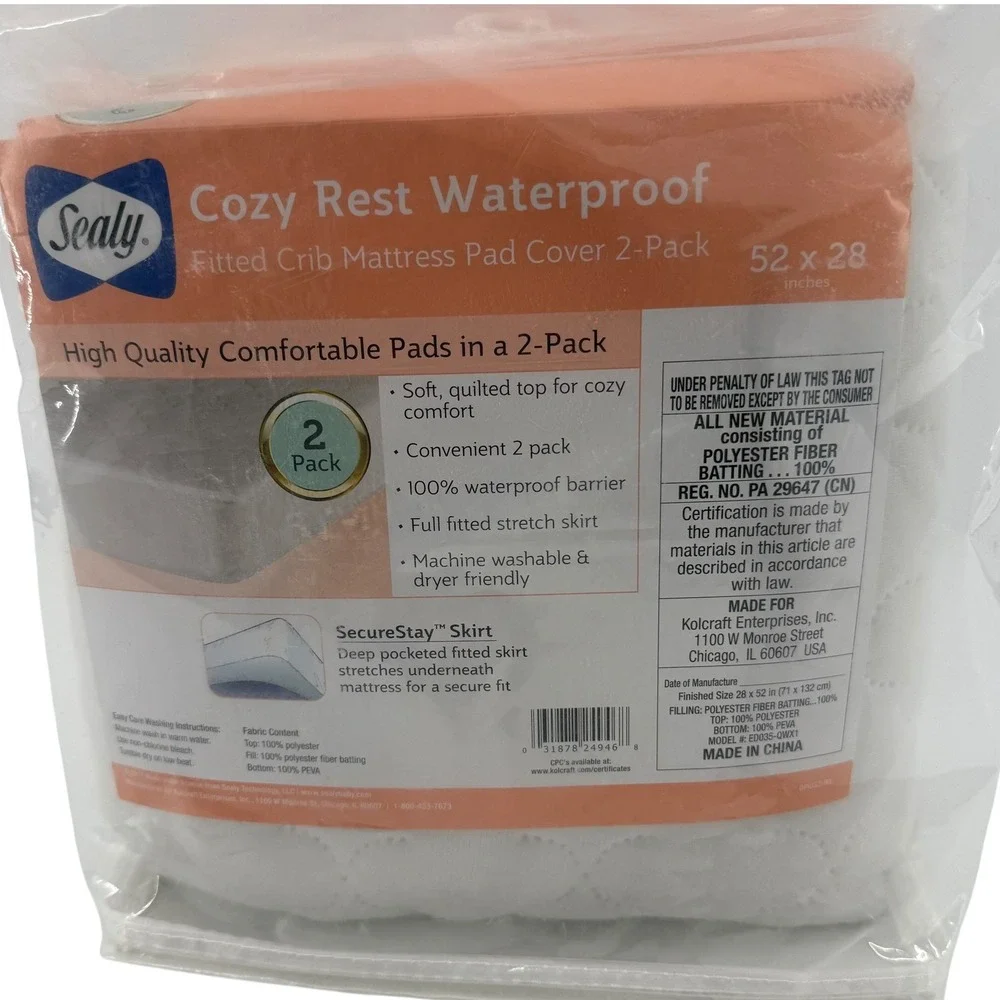 Sealy Cozy Rest Waterproof Fitted Crib Mattress Pad Cover 2-Pack White NEW